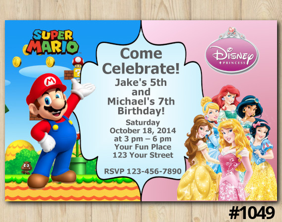Twin Super Mario and Disney Princesses Invitation | Personalized Digital Card